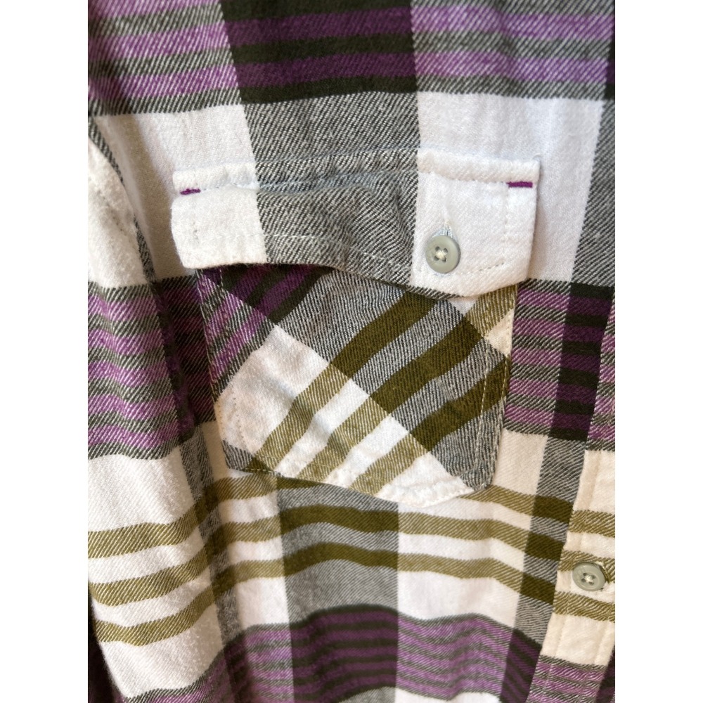 Stio Womens Plaid Flannel Shirt Purple Olive Green Cotton Button Down Medium - Picture 3 of 7